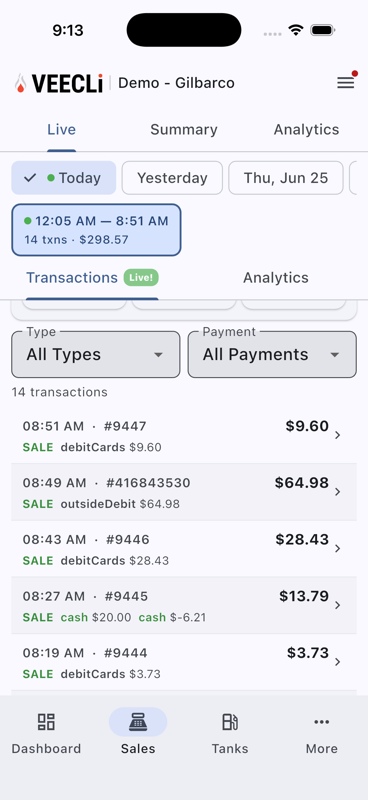 Live Transactions — VEECLi mobile app